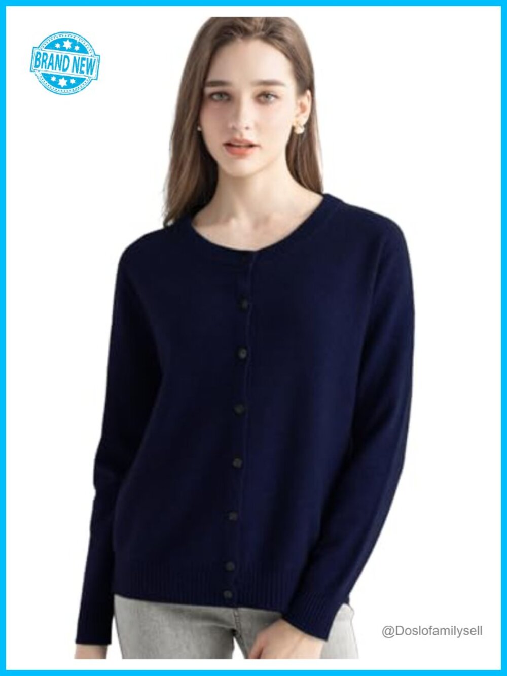 100% Pure Cashmere Cardigan Crew Neck Long Sleeve Seamless Knit Sweater